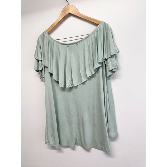 Free People Beach Off Shoulder Shirt Ruffle Green Pullover Size Large - Picture 4 of 8